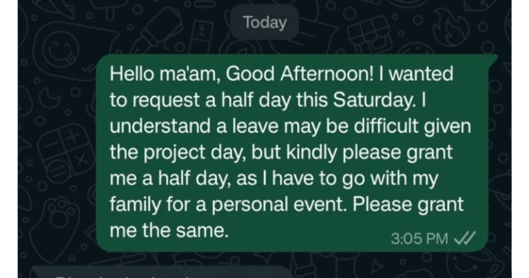 અડધા દિવસની રજાને લઈને બોસ અને કર્મચારી વચ્ચેની આવી વાતચીતનો સ્ક્રીનશોટ વાયરલ થયો. Untitled 16