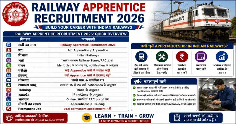 Railway Apprentice Recruitment 2026: 10वीं और ITI वालों के लिए बिना परीक्षा भर्ती, जानें पूरी जानकारी Railway Apprentice Recruitment 2026