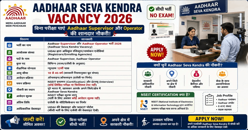 Aadhaar Seva Kendra Vacancy 2026
