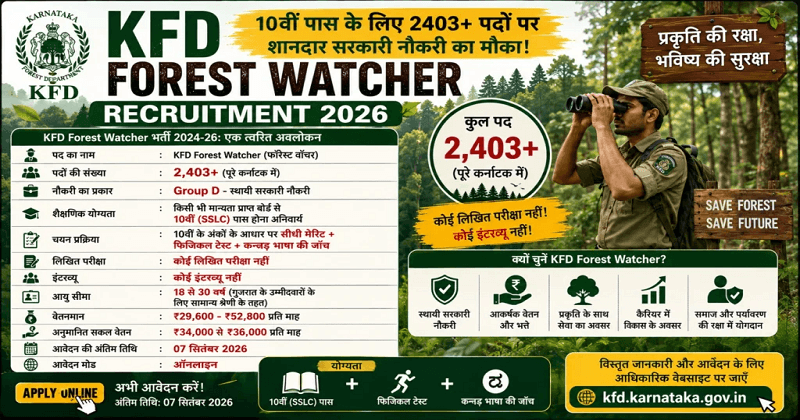 KFD Forest Watcher Recruitment 2026: 10वीं पास के लिए 2403+ पदों पर शानदार सरकारी नौकरी का मौक़ा! KFD Forest Watcher Recruitment 2026